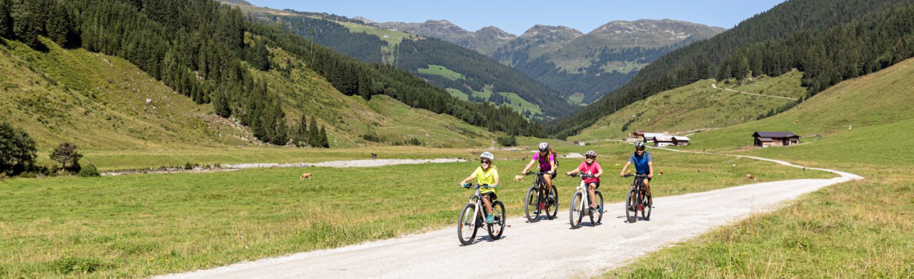 Familie die fiets door de bergen in het Zillertal